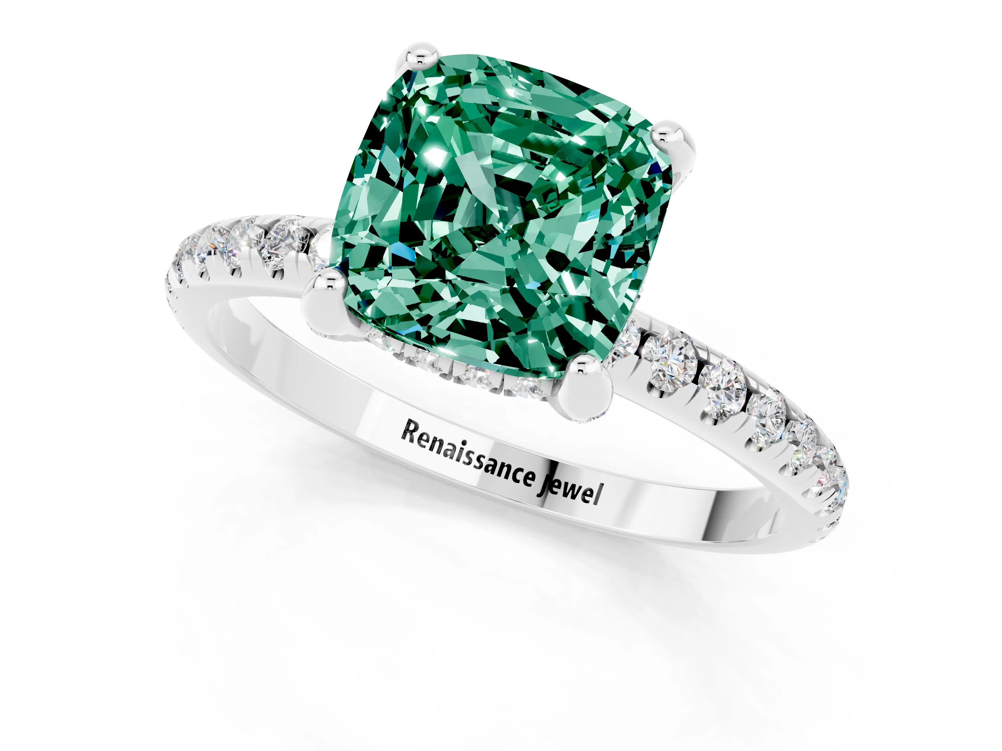 White gold Cushion Cut Diamond Solitaire Ring with Four-Prong Setting and Pavé Band_1