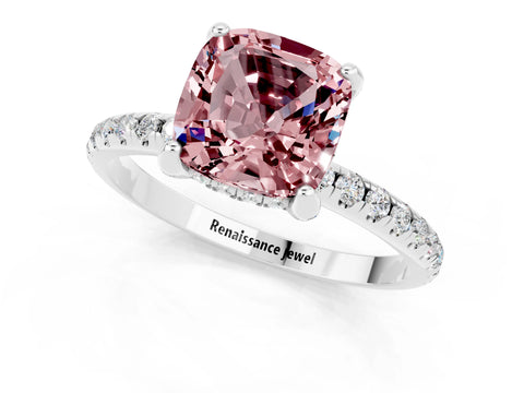 White gold Cushion Cut Diamond Solitaire Ring with Four-Prong Setting and Pavé Band_1
