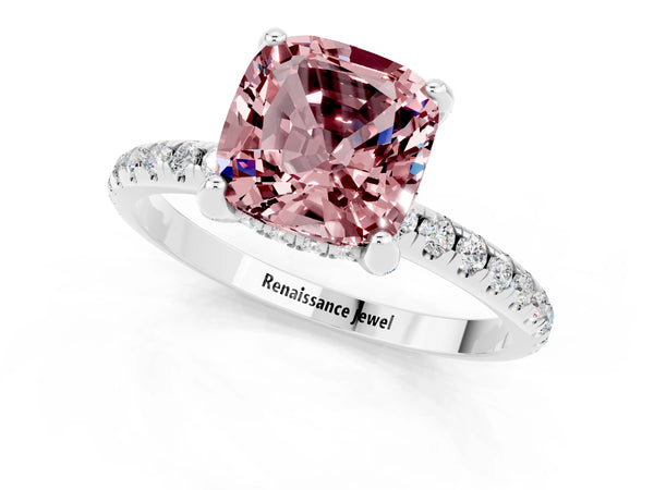 White gold Cushion Cut Diamond Solitaire Ring with Four-Prong Setting and Pavé Band