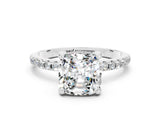 White gold Cushion Cut Diamond Solitaire Ring with Four-Prong Setting and Pavé Band