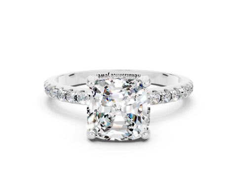 White gold Cushion Cut Diamond Solitaire Ring with Four-Prong Setting and Pavé Band
