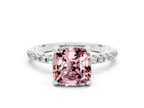 White gold Cushion Cut Diamond Solitaire Ring with Four-Prong Setting and Pavé Band