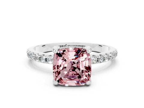 White gold Cushion Cut Diamond Solitaire Ring with Four-Prong Setting and Pavé Band