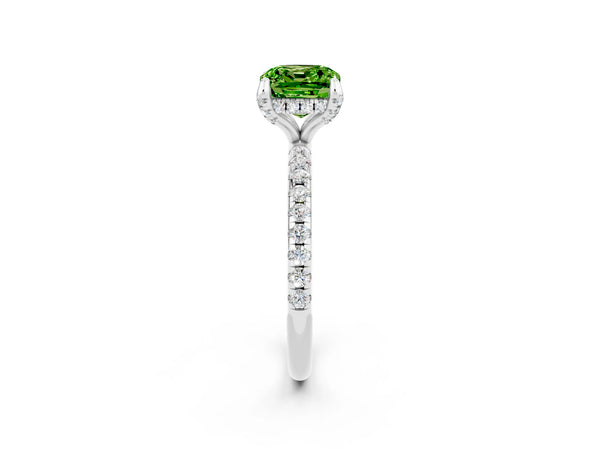 White gold Cushion Cut Diamond Solitaire Ring with Four-Prong Setting and Pavé Band