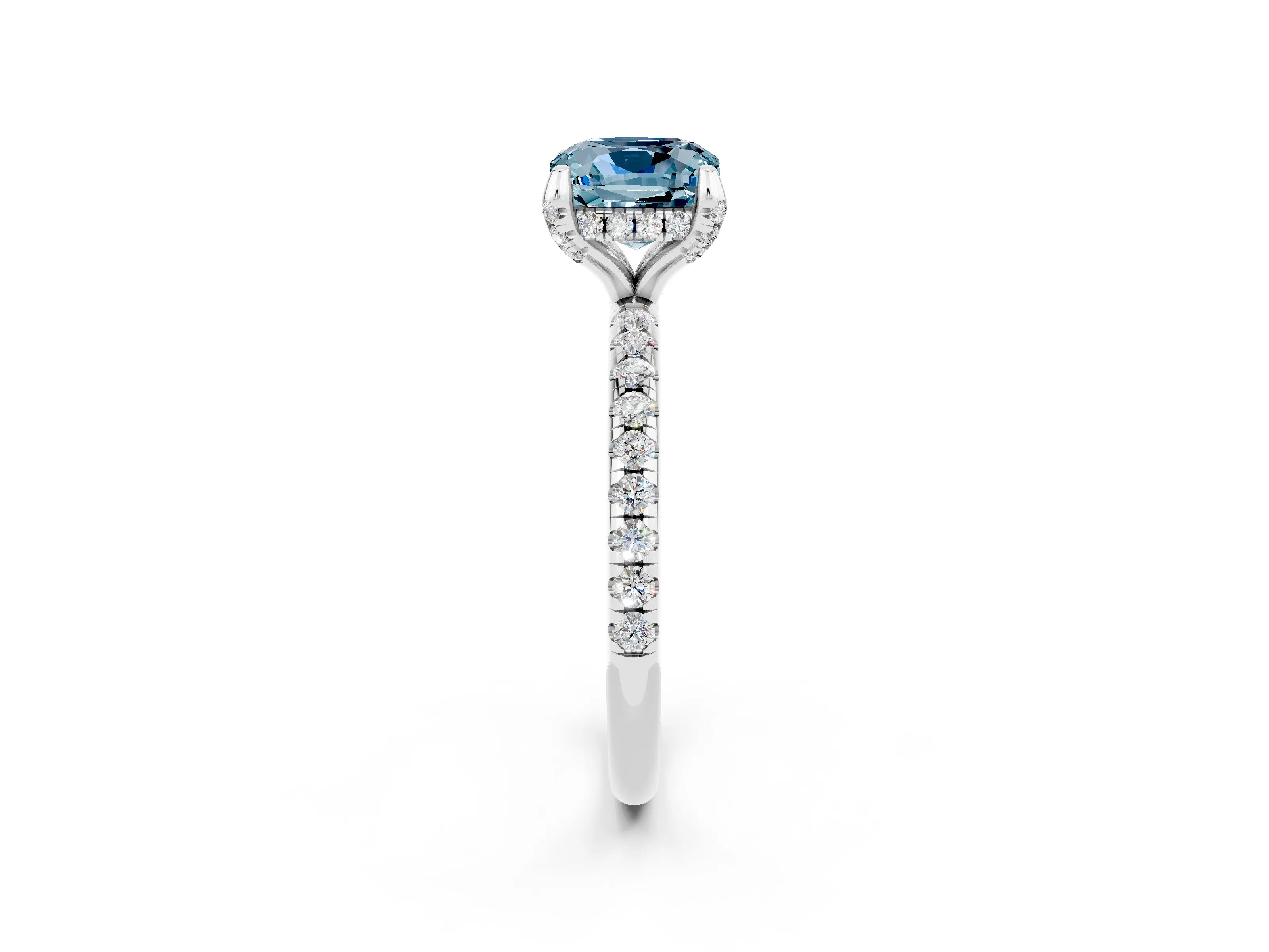 White gold Cushion Cut Diamond Solitaire Ring with Four-Prong Setting and Pavé Band_2
