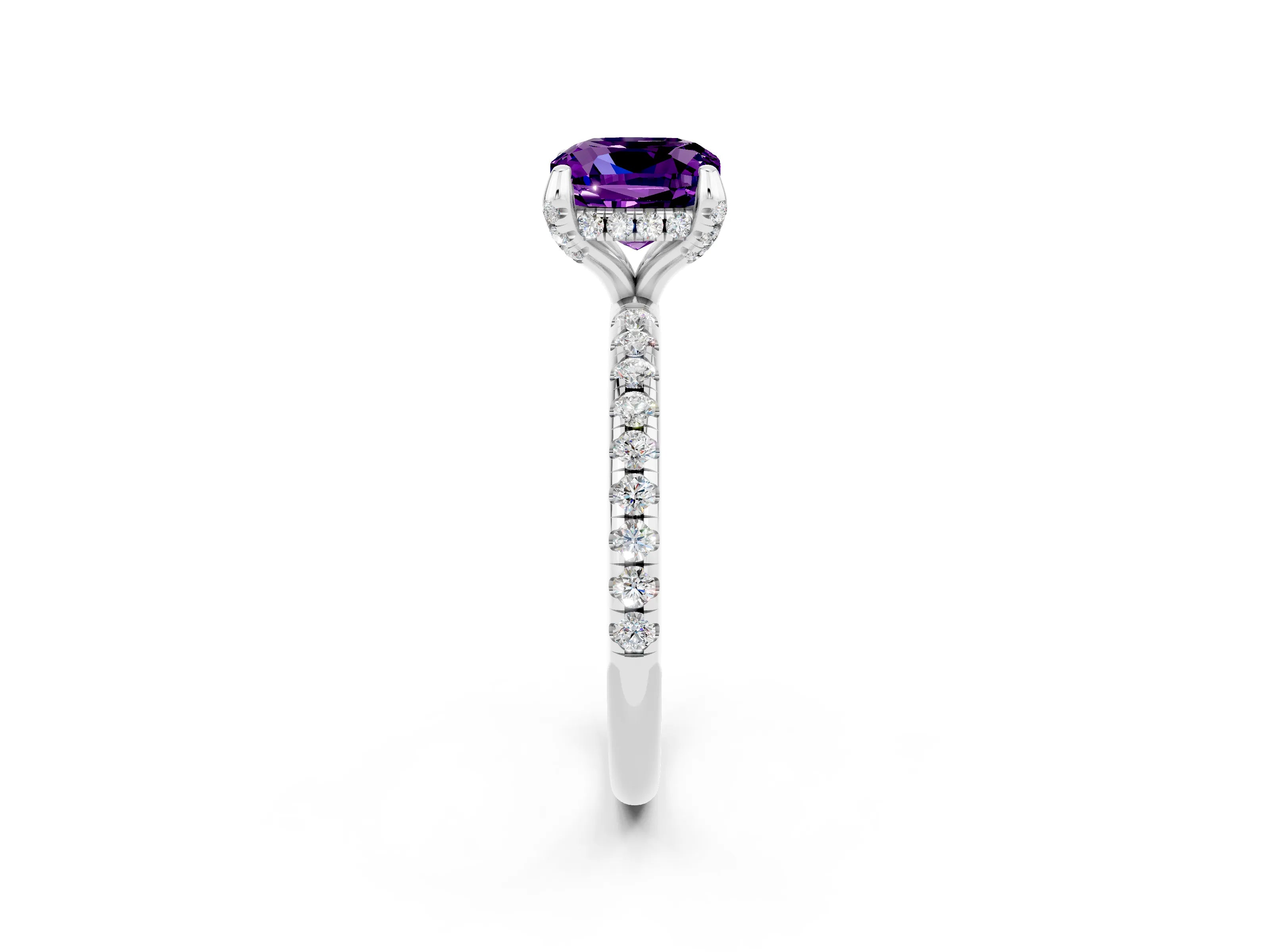 White gold Cushion Cut Diamond Solitaire Ring with Four-Prong Setting and Pavé Band_2