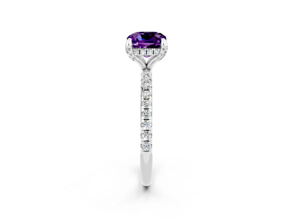 White gold Cushion Cut Amethyst Hidden Halo Engagement Ring with Round Pavé Band and Prong Setting
