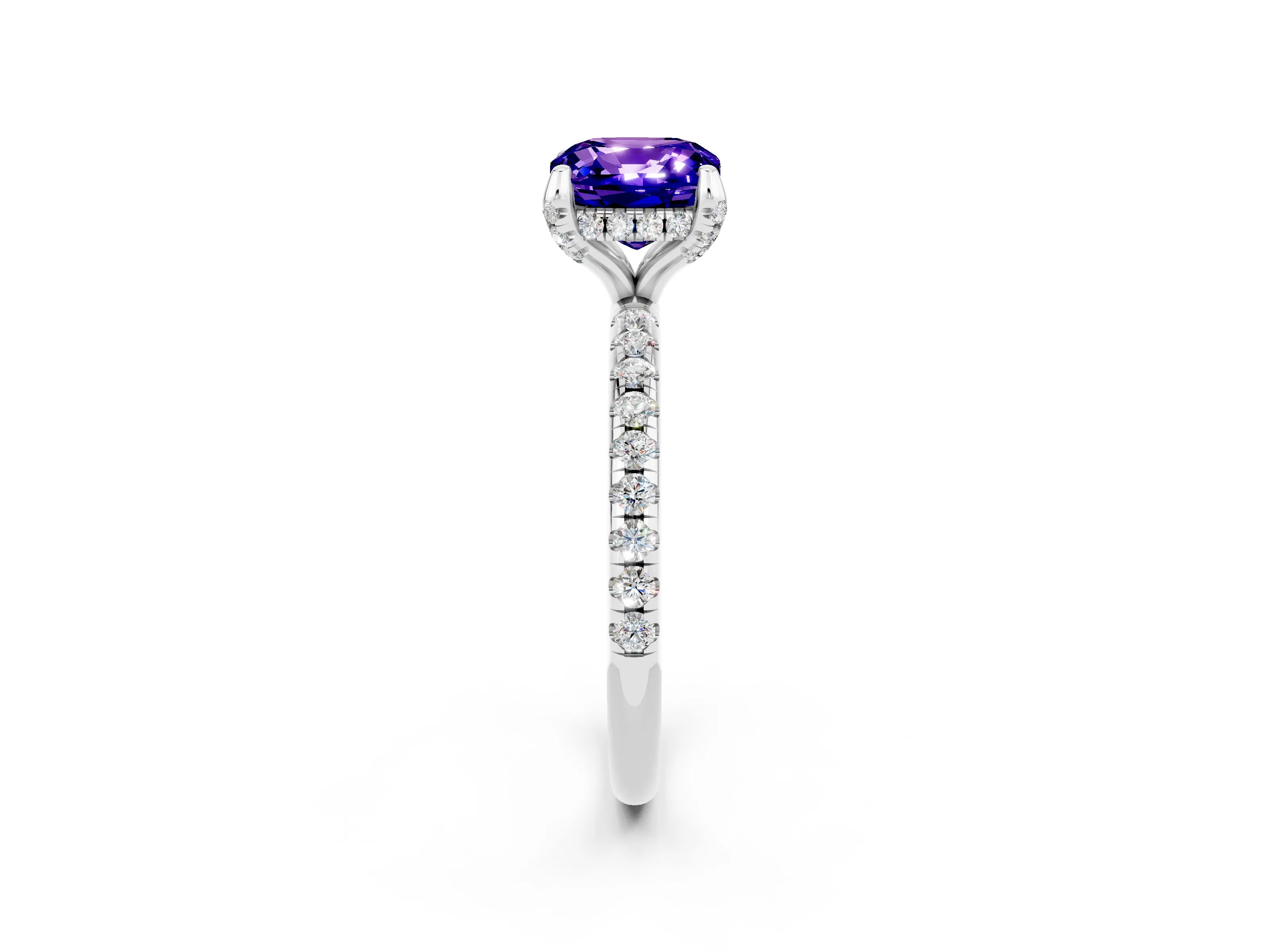 White gold Cushion Cut Diamond Solitaire Ring with Four-Prong Setting and Pavé Band_2