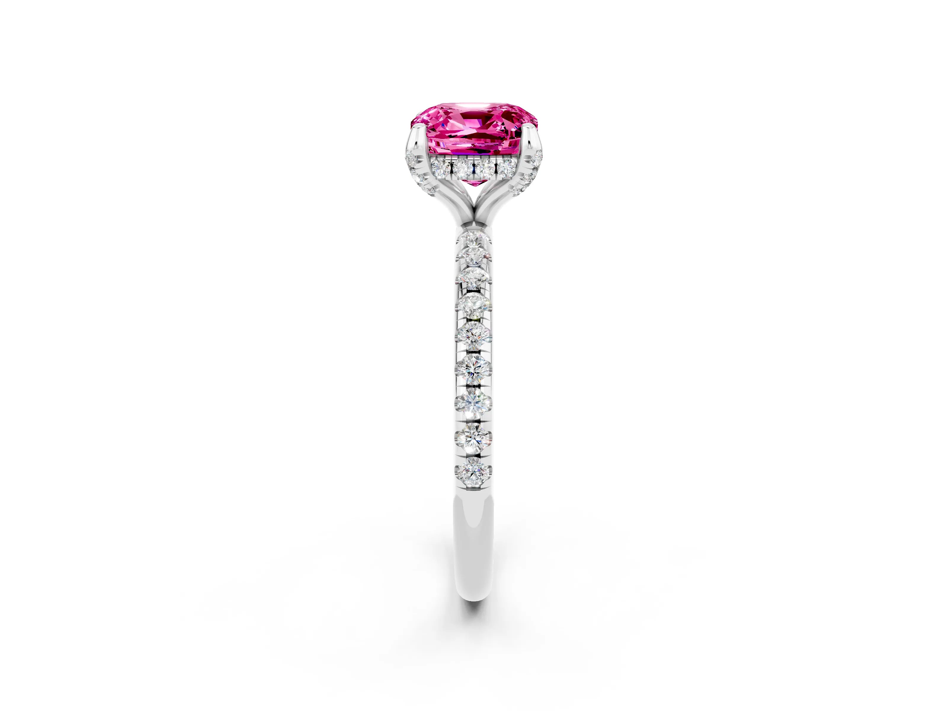 White gold Cushion Cut Diamond Solitaire Ring with Four-Prong Setting and Pavé Band_2