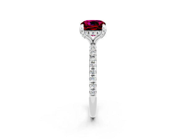 Silver Cushion Cut Garnet Hidden Halo Engagement Ring with Round Pavé Band and Prong Setting