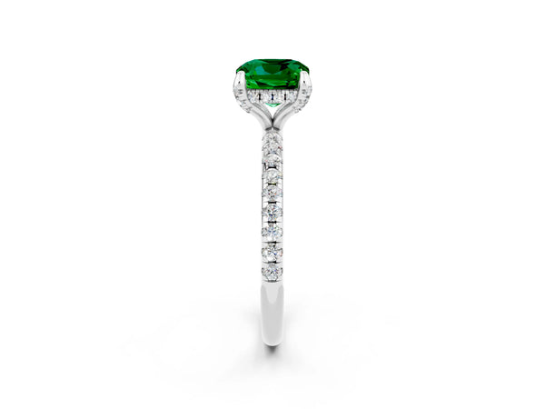 Platinum Cushion Cut Emerald Hidden Halo Engagement Ring with Round Pavé Band and Prong Setting