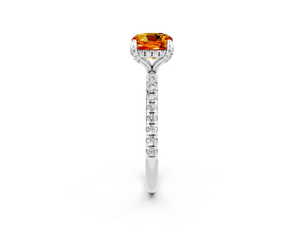 Platinum Cushion Cut Citrine Hidden Halo Engagement Ring with Round Pavé Band and Prong Setting