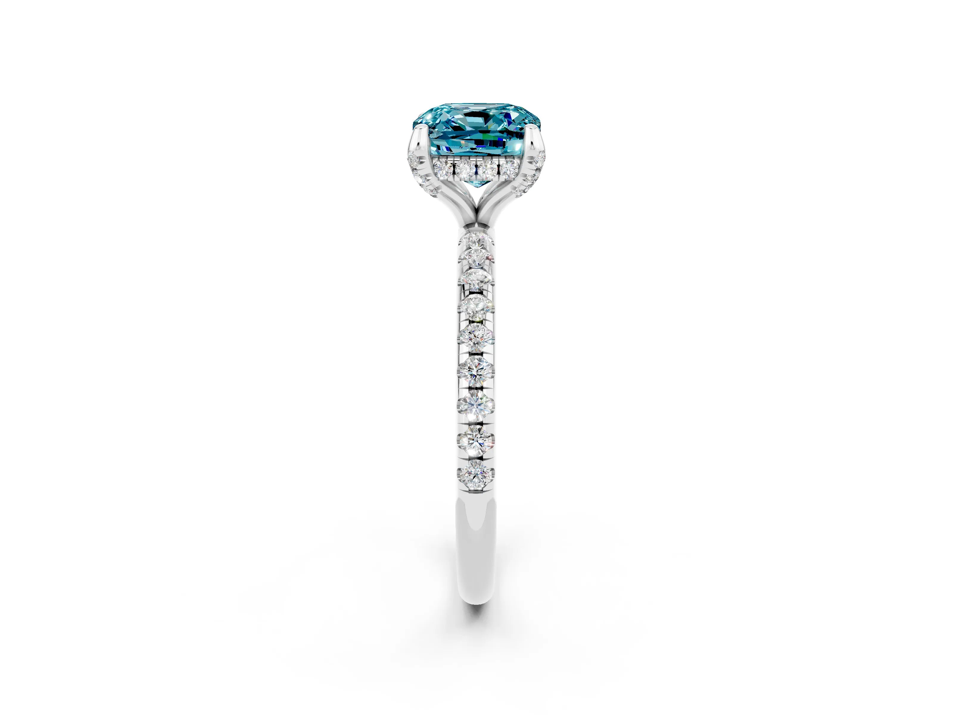 White gold Cushion Cut Diamond Solitaire Ring with Four-Prong Setting and Pavé Band_2