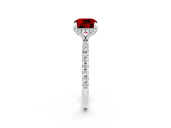 Silver Cushion Cut Diamond Solitaire Ring with Four-Prong Setting and Pavé Band