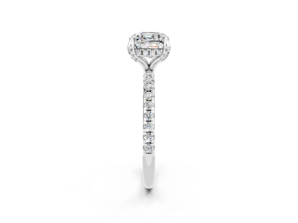 White gold Cushion Cut Moissanite Hidden Halo Engagement Ring with Round Pavé Band and Prong Setting