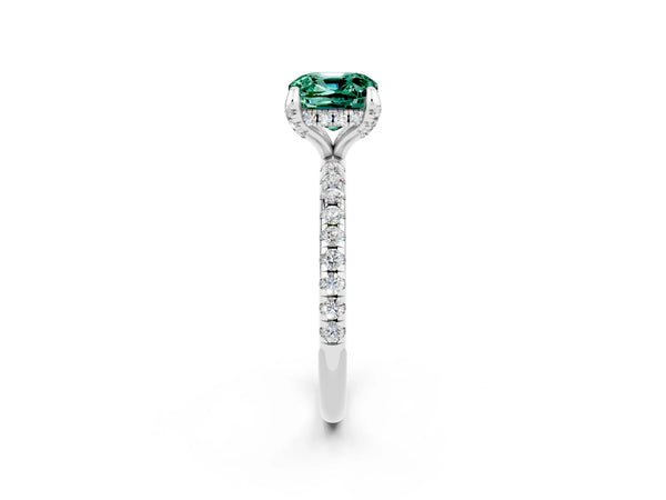 Platinum Cushion Cut Green Sapphire Hidden Halo Engagement Ring with Round Pavé Band and Prong Setting