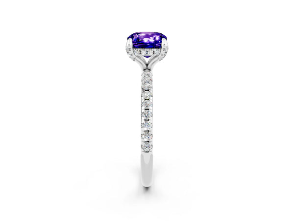 Platinum Cushion Cut Tanzanite Hidden Halo Engagement Ring with Round Pavé Band and Prong Setting