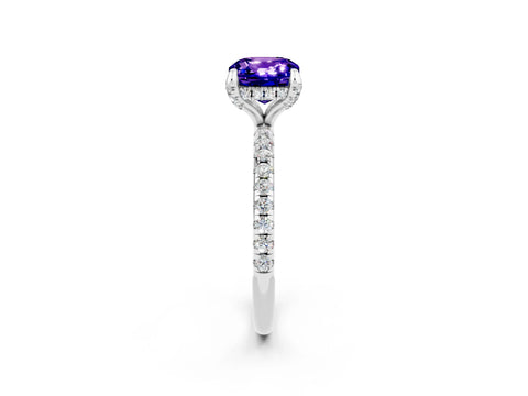 White gold Cushion Cut Diamond Solitaire Ring with Four-Prong Setting and Pavé Band_2
