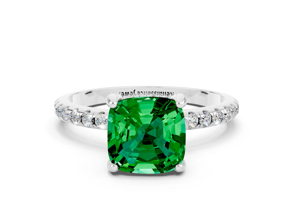 Platinum Cushion Cut Emerald Hidden Halo Engagement Ring with Round Pavé Band and Prong Setting