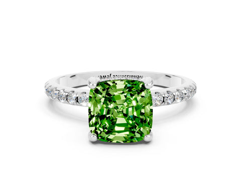 White gold Cushion Cut Diamond Solitaire Ring with Four-Prong Setting and Pavé Band