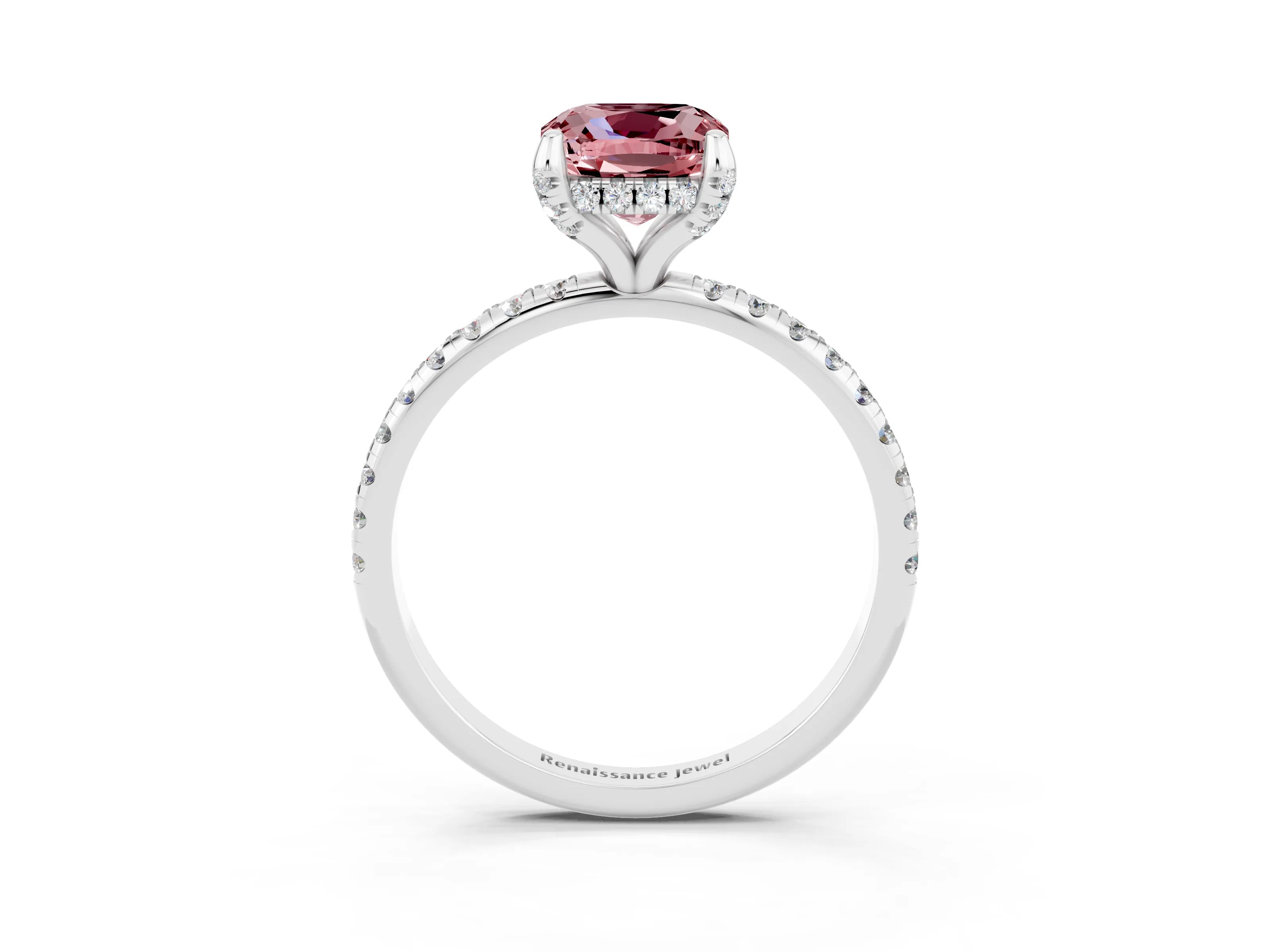 White gold Cushion Cut Diamond Solitaire Ring with Four-Prong Setting and Pavé Band_3