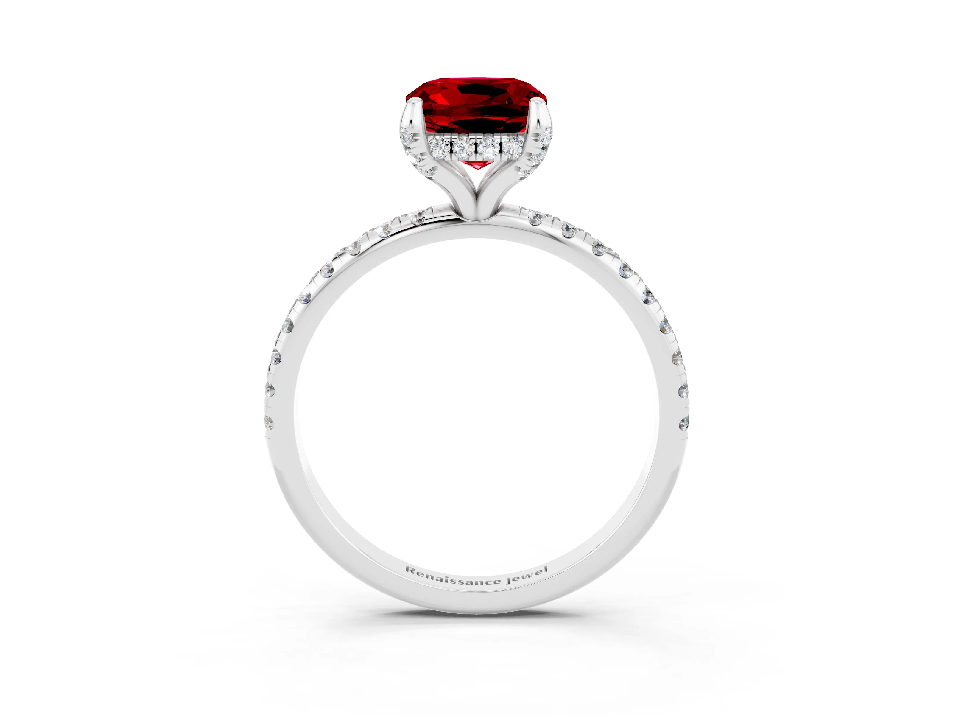 White gold Cushion Cut Diamond Solitaire Ring with Four-Prong Setting and Pavé Band_3