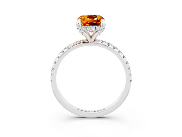 Platinum Cushion Cut Citrine Hidden Halo Engagement Ring with Round Pavé Band and Prong Setting