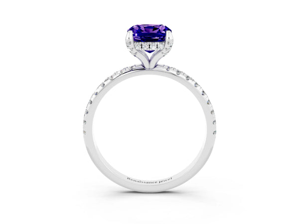 Platinum Cushion Cut Tanzanite Hidden Halo Engagement Ring with Round Pavé Band and Prong Setting