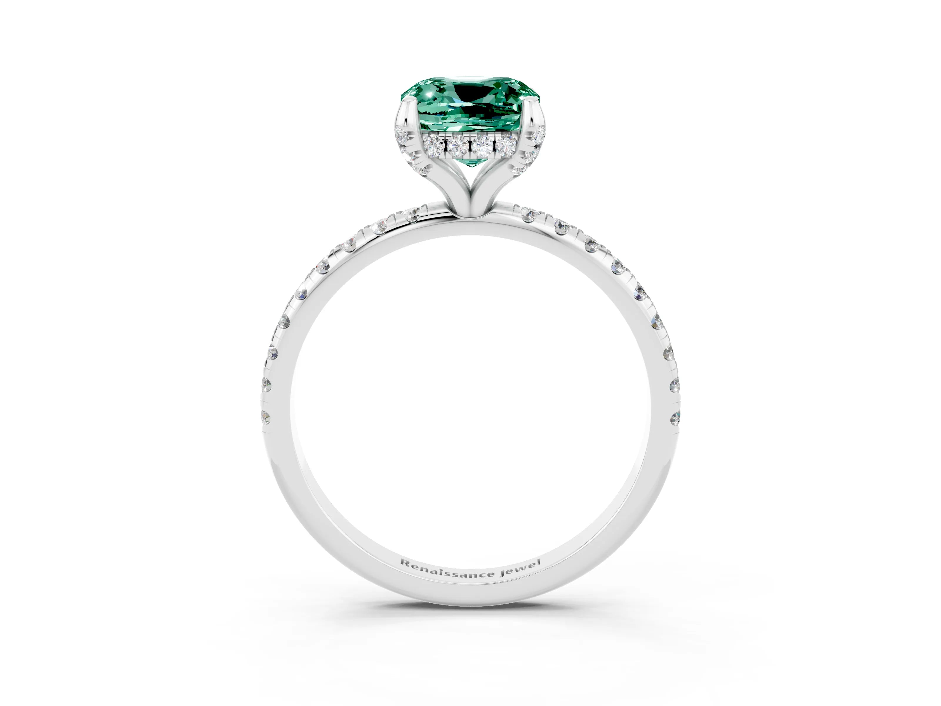 White gold Cushion Cut Diamond Solitaire Ring with Four-Prong Setting and Pavé Band_3