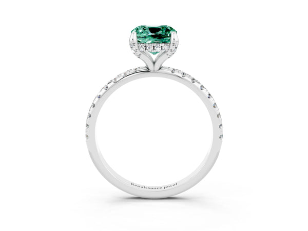 Platinum Cushion Cut Green Sapphire Hidden Halo Engagement Ring with Round Pavé Band and Prong Setting