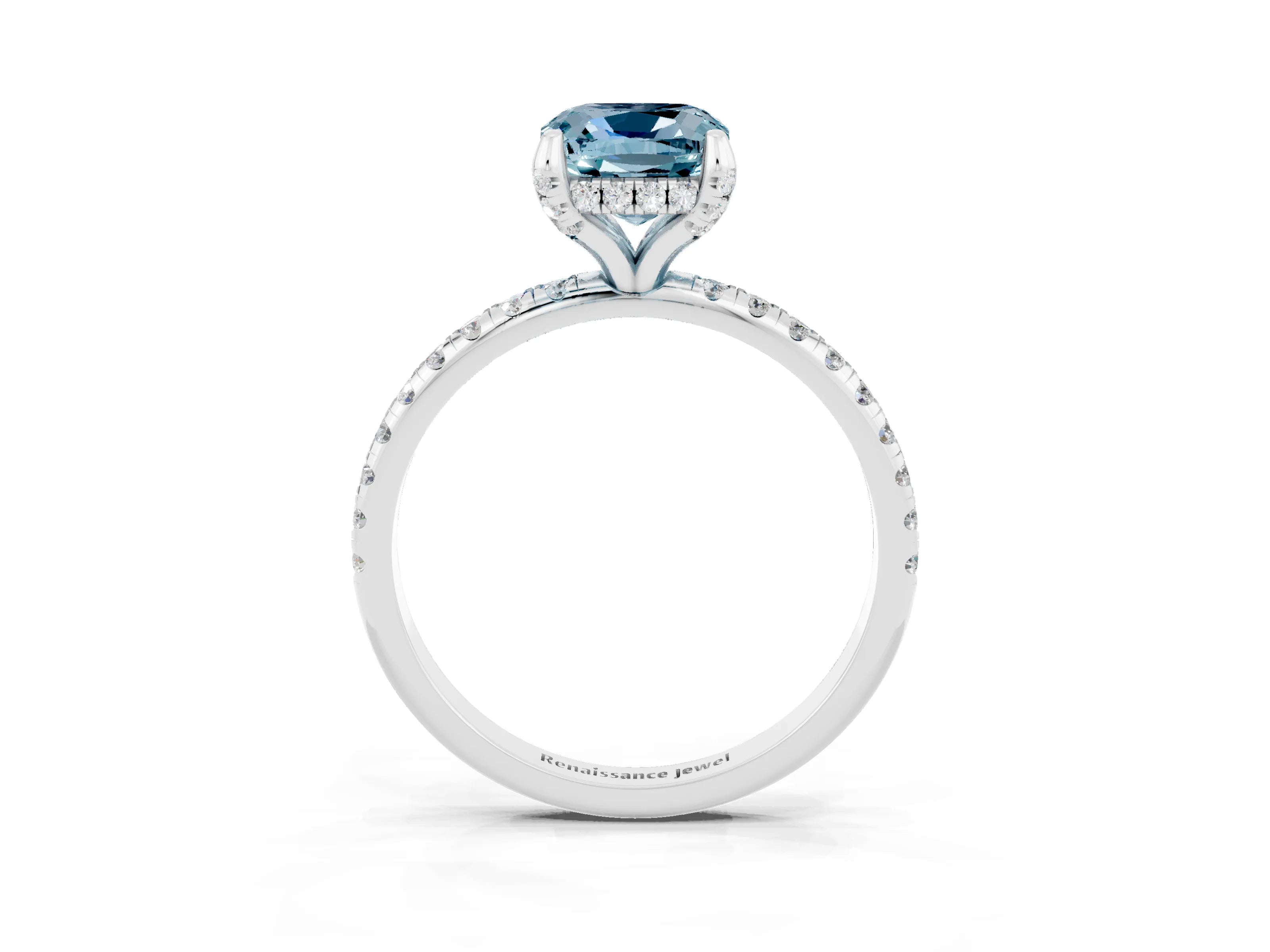 White gold Cushion Cut Diamond Solitaire Ring with Four-Prong Setting and Pavé Band_3
