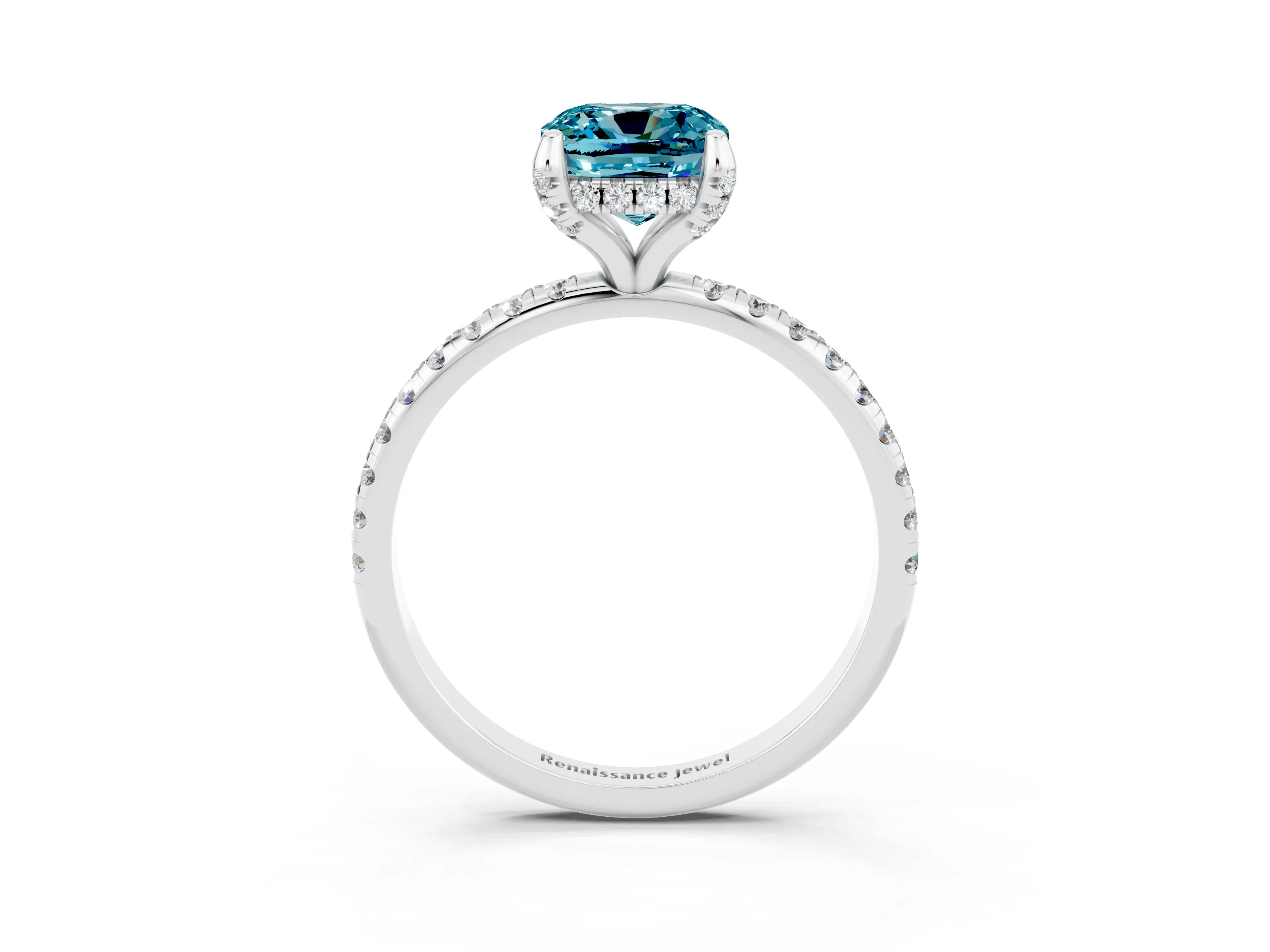 White gold Cushion Cut Diamond Solitaire Ring with Four-Prong Setting and Pavé Band_3