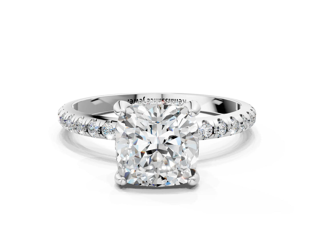 White gold Cushion Cut Diamond Solitaire Ring with Four-Prong Setting and Pavé Band_3