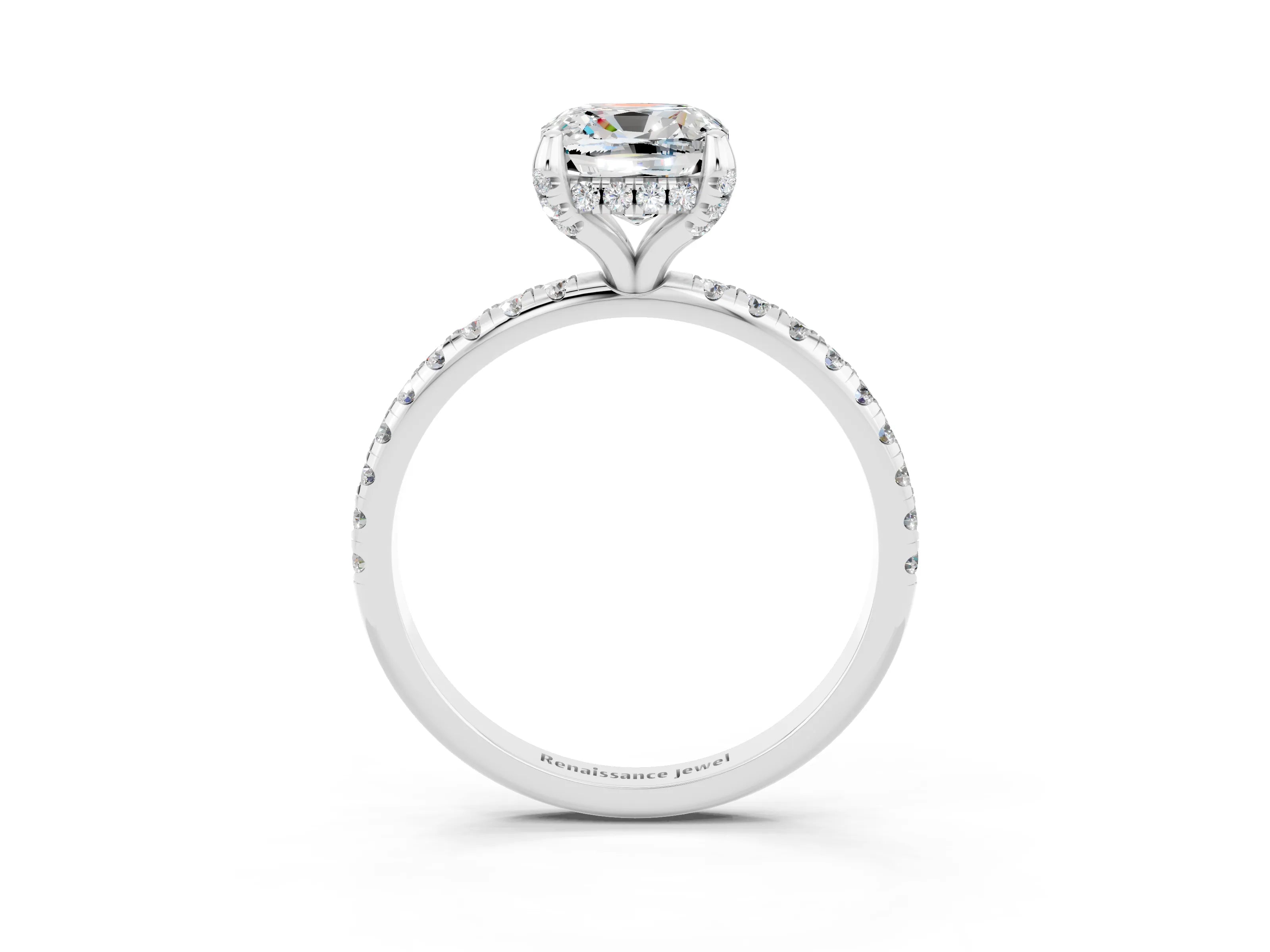 White gold Cushion Cut Diamond Solitaire Ring with Four-Prong Setting and Pavé Band_3