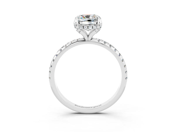 Silver Cushion Cut Moissanite Hidden Halo Engagement Ring with Round Pavé Band and Prong Setting