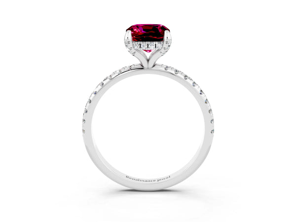 White gold Cushion Cut Garnet Hidden Halo Engagement Ring with Round Pavé Band and Prong Setting