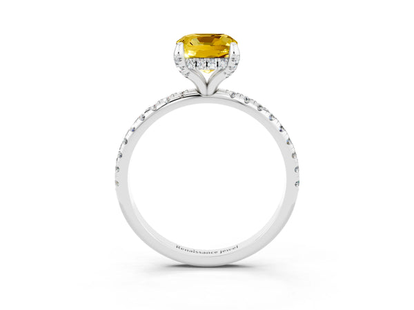 Platinum Cushion Cut Yellow Sapphire Hidden Halo Engagement Ring with Round Pavé Band and Prong Setting