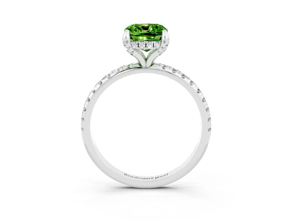 Silver Cushion Cut Diamond Solitaire Ring with Four-Prong Setting and Pavé Band