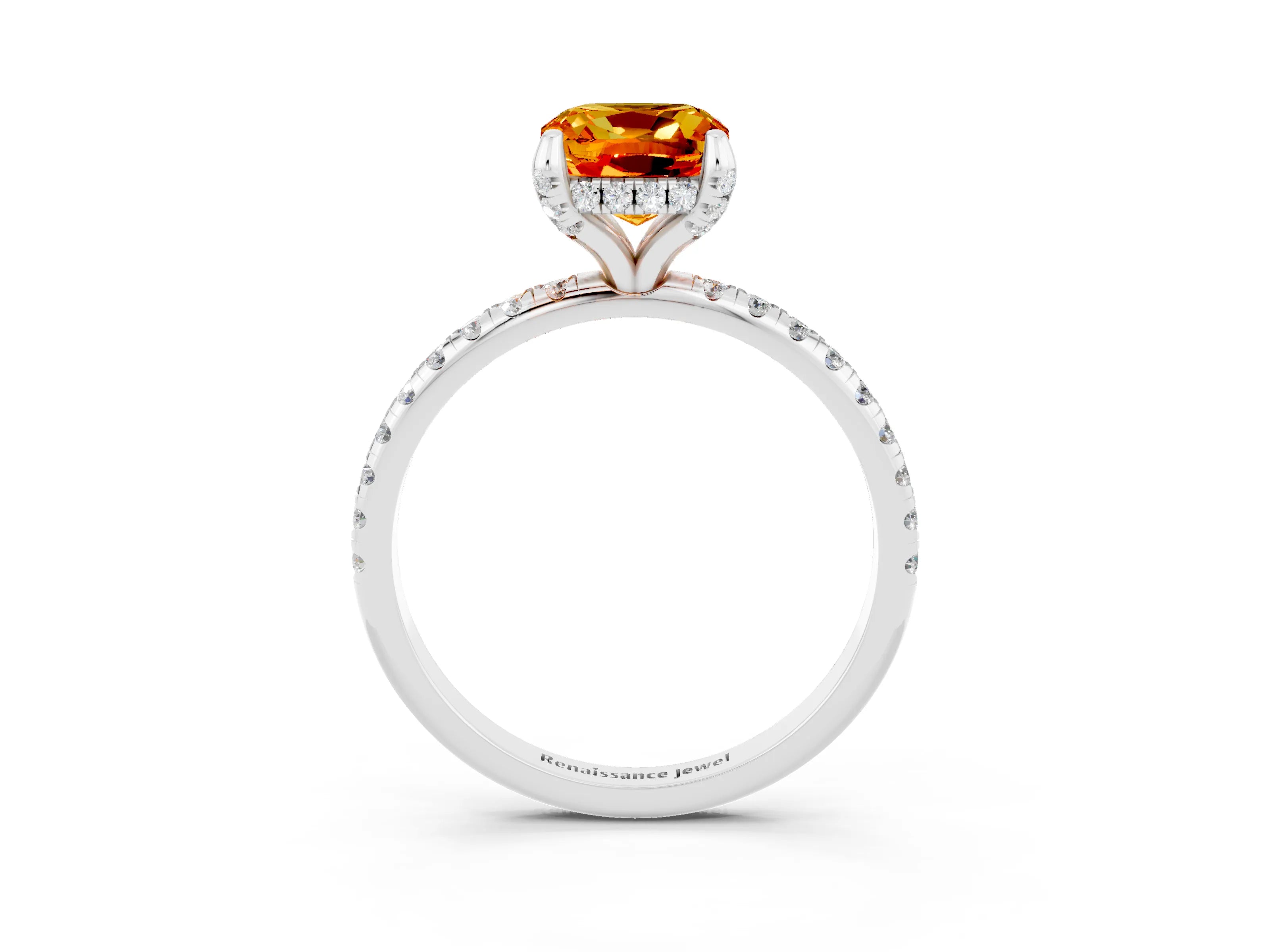 White gold Cushion Cut Diamond Solitaire Ring with Four-Prong Setting and Pavé Band_3