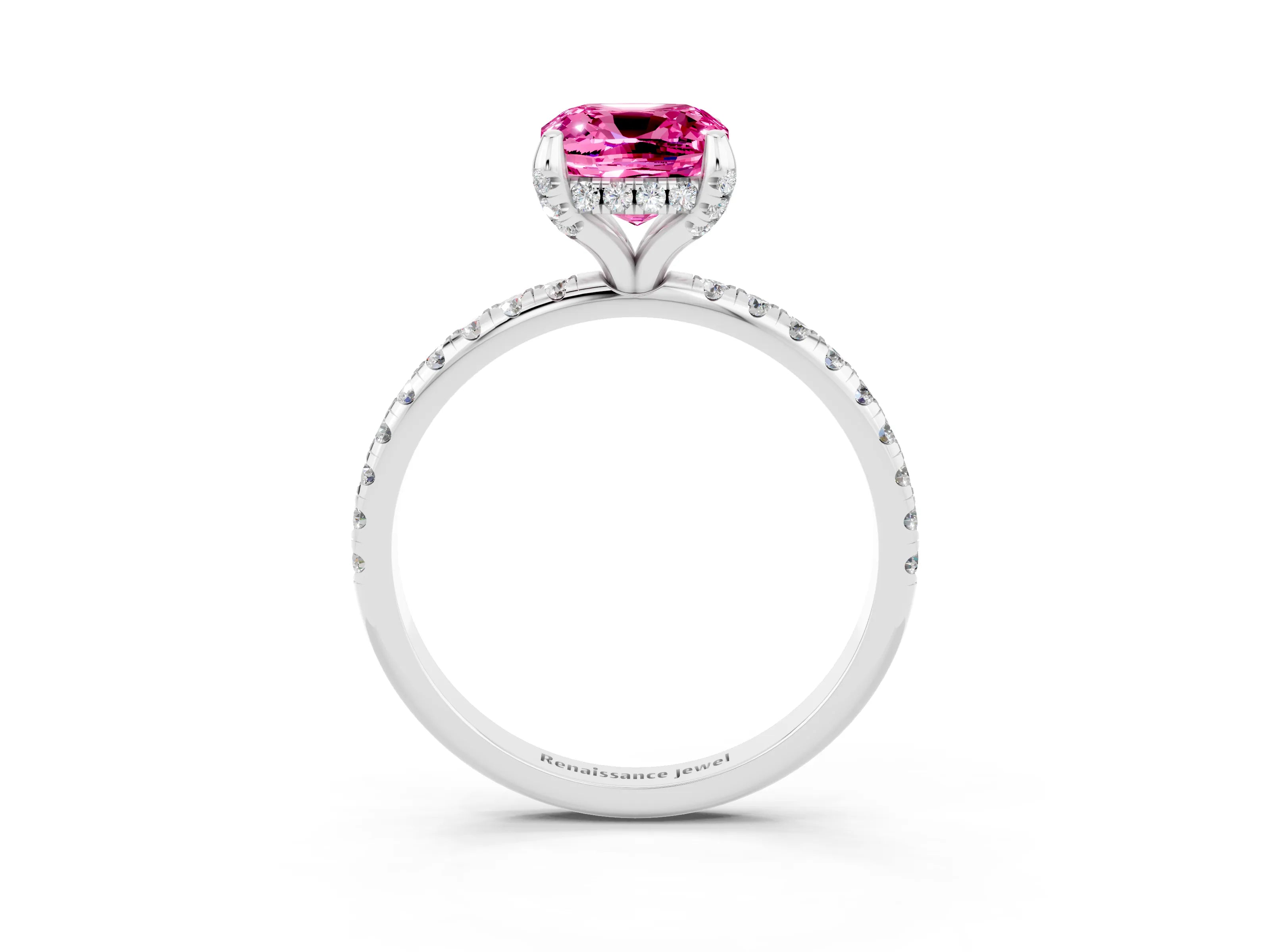 White gold Cushion Cut Diamond Solitaire Ring with Four-Prong Setting and Pavé Band_3