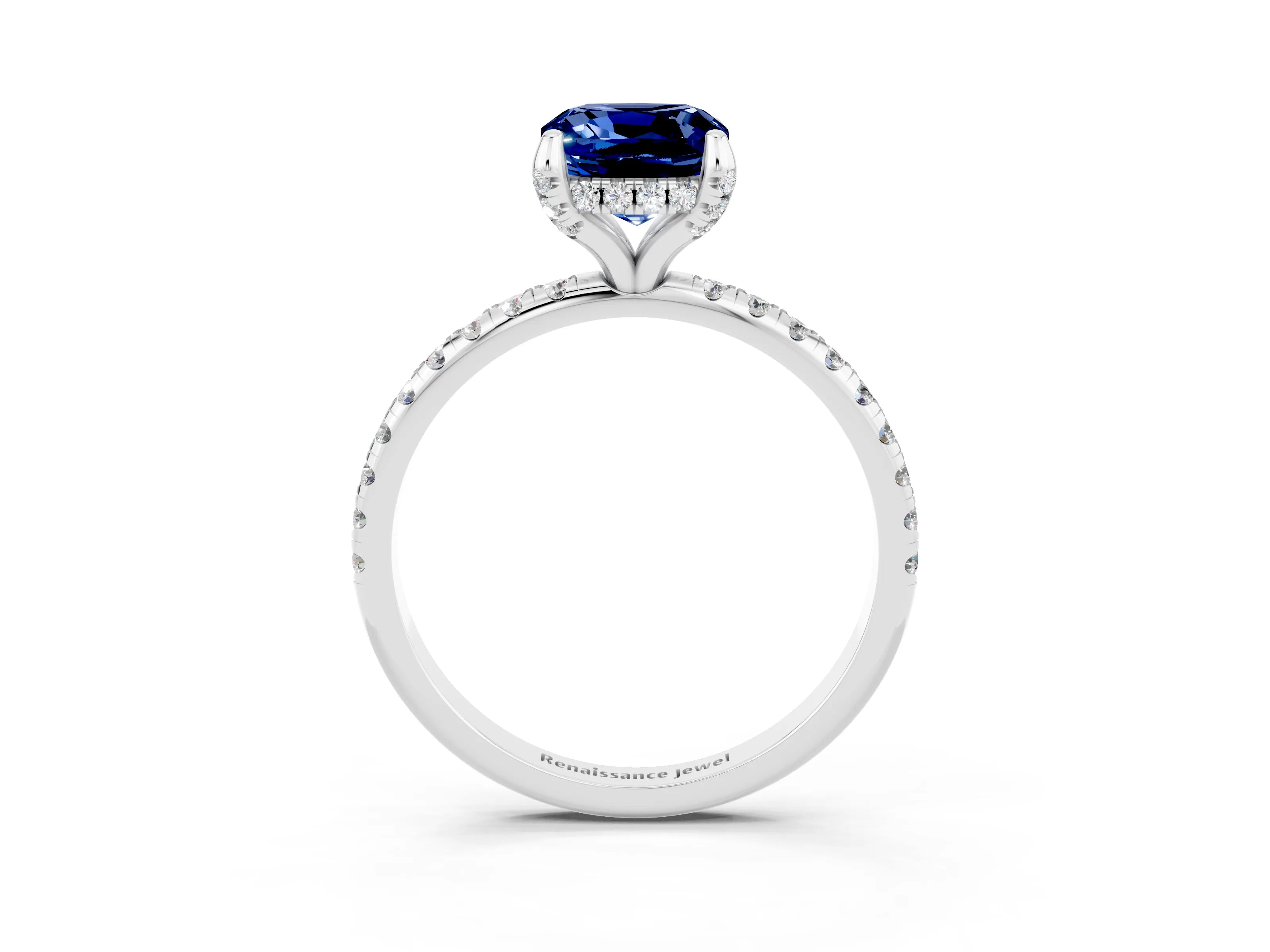White gold Cushion Cut Diamond Solitaire Ring with Four-Prong Setting and Pavé Band_3