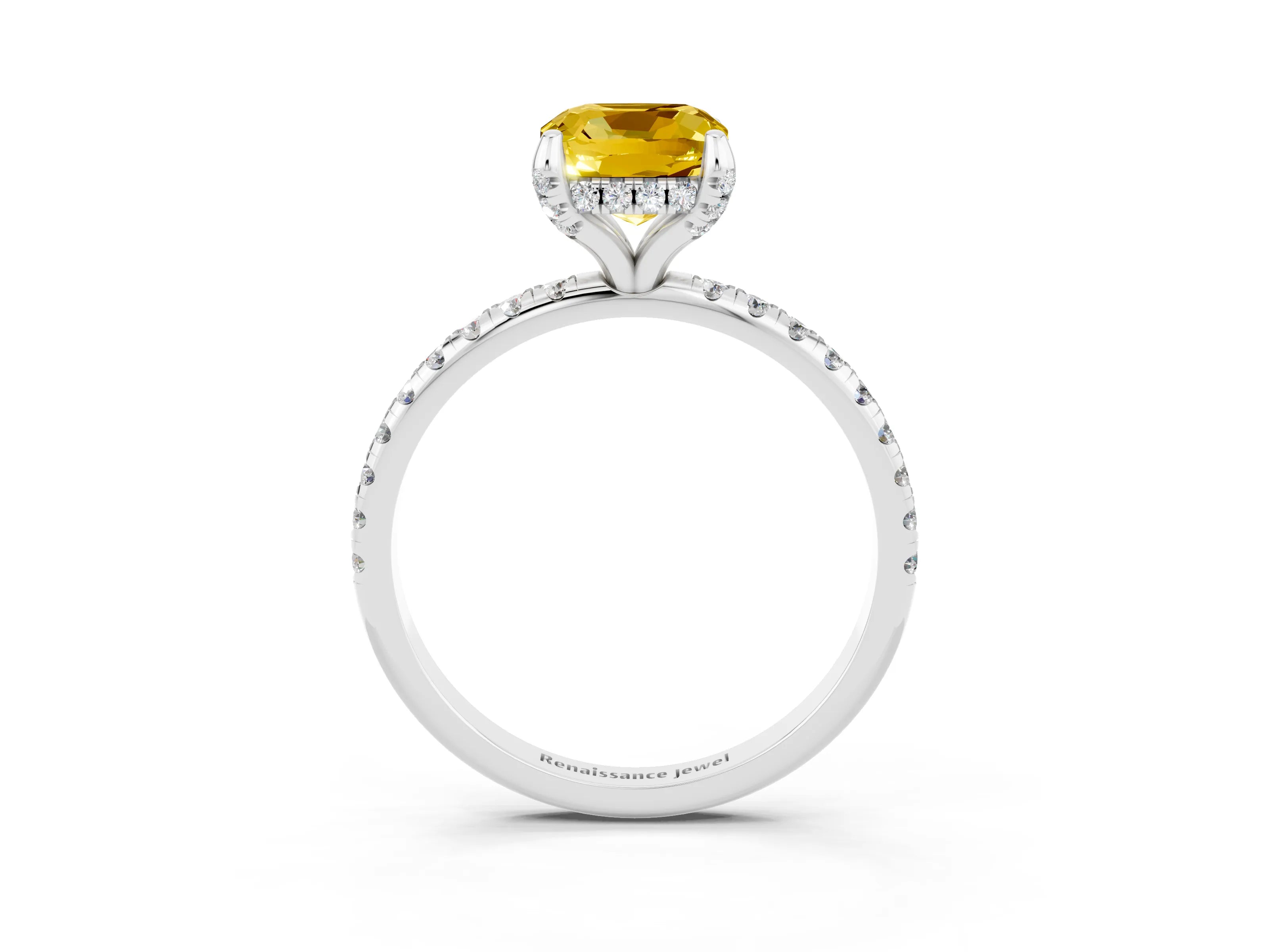 White gold Cushion Cut Diamond Solitaire Ring with Four-Prong Setting and Pavé Band_3