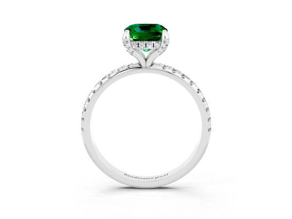 White gold Cushion Cut Emerald Hidden Halo Engagement Ring with Round Pavé Band and Prong Setting