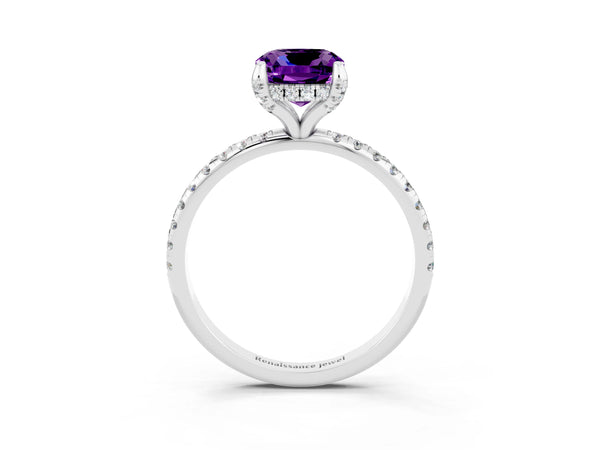 Silver Cushion Cut Amethyst Hidden Halo Engagement Ring with Round Pavé Band and Prong Setting