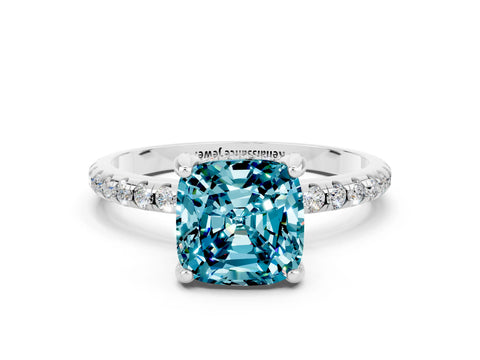 White gold Cushion Cut Diamond Solitaire Ring with Four-Prong Setting and Pavé Band