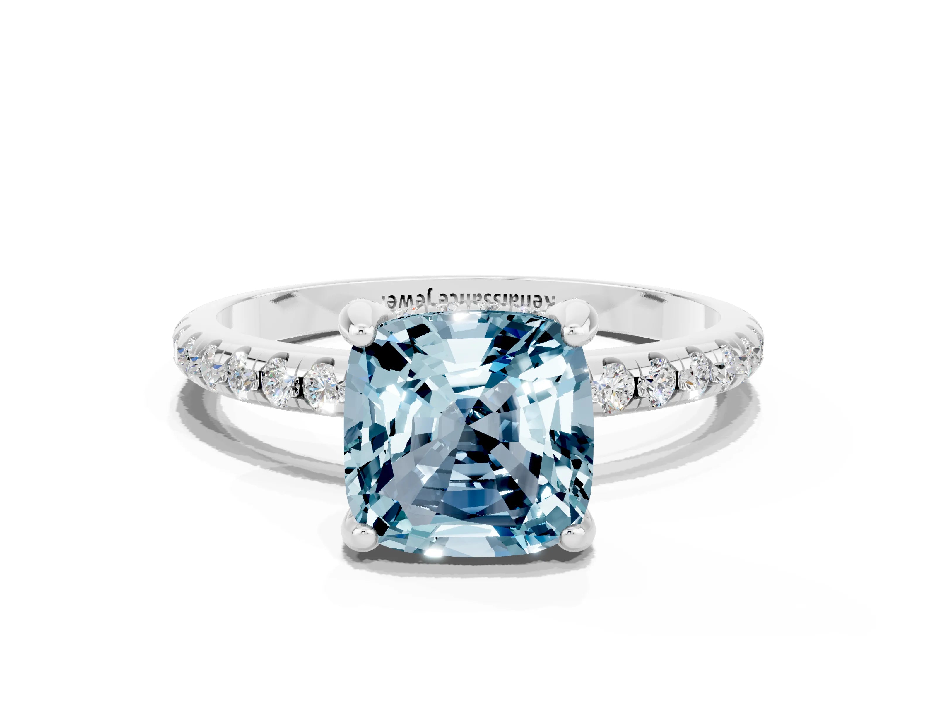 White gold Cushion Cut Diamond Solitaire Ring with Four-Prong Setting and Pavé Band