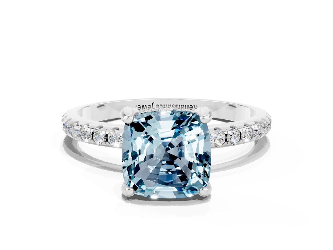 White gold Cushion Cut Diamond Solitaire Ring with Four-Prong Setting and Pavé Band
