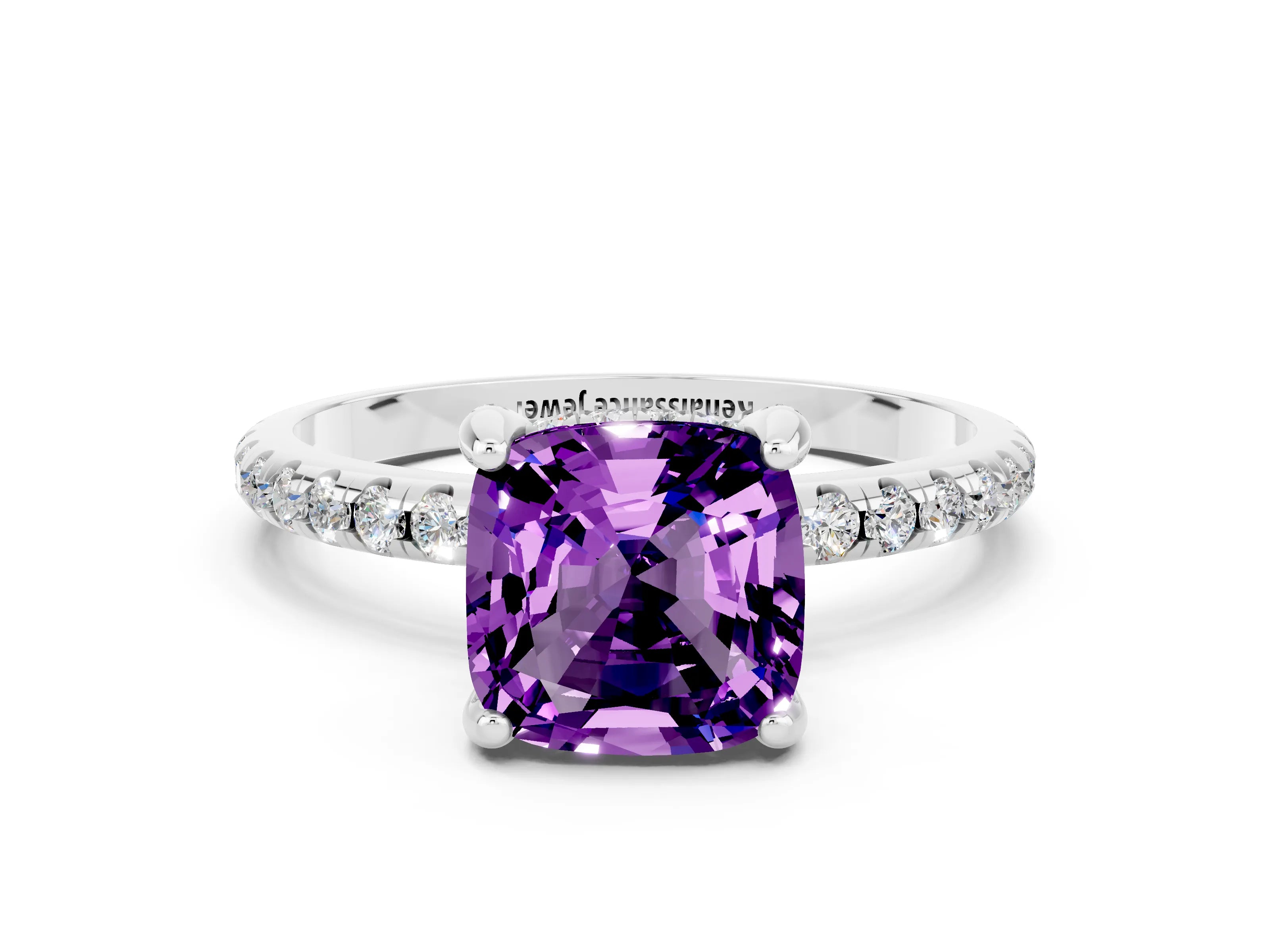 White gold Cushion Cut Diamond Solitaire Ring with Four-Prong Setting and Pavé Band