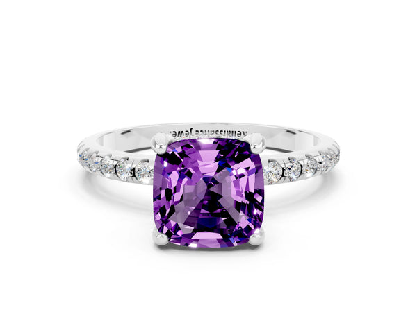 Silver Cushion Cut Amethyst Hidden Halo Engagement Ring with Round Pavé Band and Prong Setting