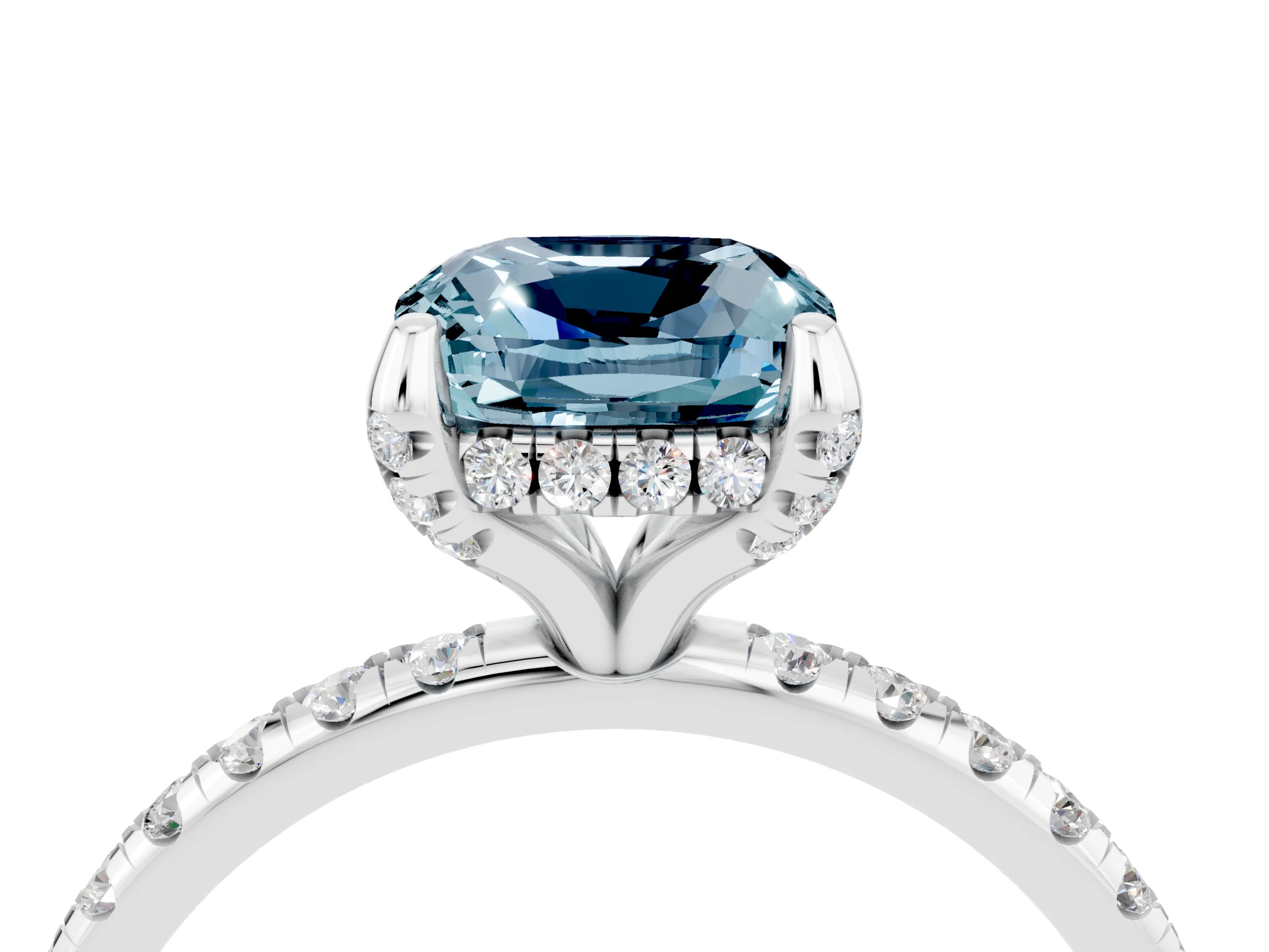 White gold Cushion Cut Diamond Solitaire Ring with Four-Prong Setting and Pavé Band_4